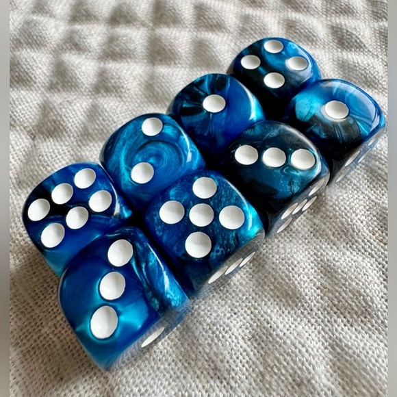 New Set of 8 Blue & Black Swirl 15mm Acrylic Dice w/ Glass Tube & Storage Bag - Picture 3 of 6